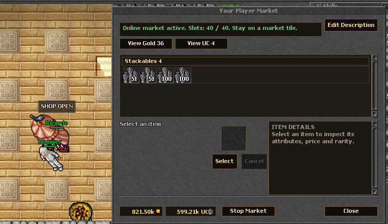 Player Market open beside a seller with a SHOP OPEN label